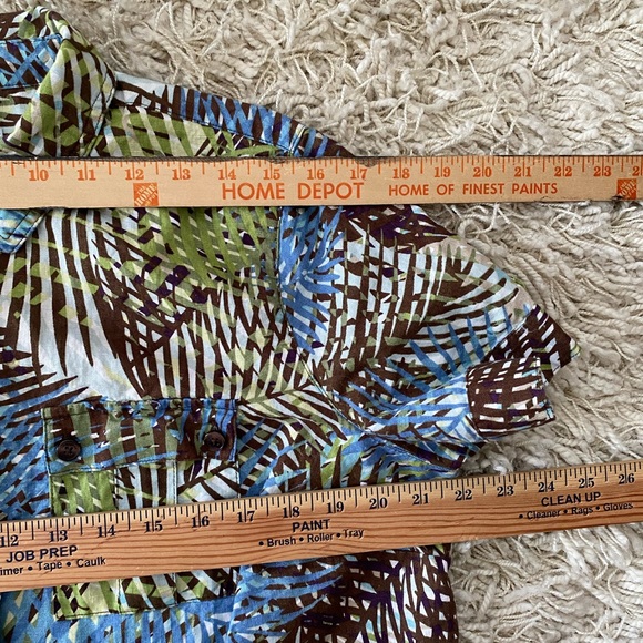 Liz Claiborne Shirt 1X Green Brown Tropical Palm Tree Leaf Hawaii Button - Picture 6 of 12
